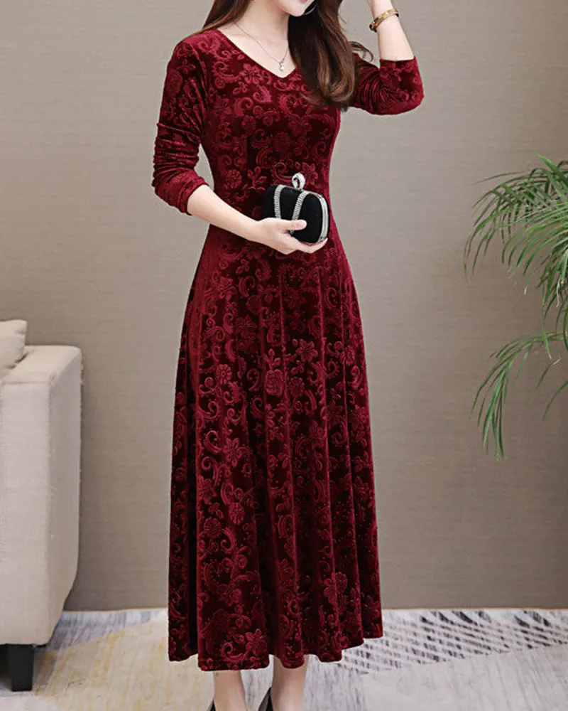 Women's Midi Dress - Velvet Jacquard - A-Line Fit - V-Neck - Three-Quarter Sleeve Elegant Wear