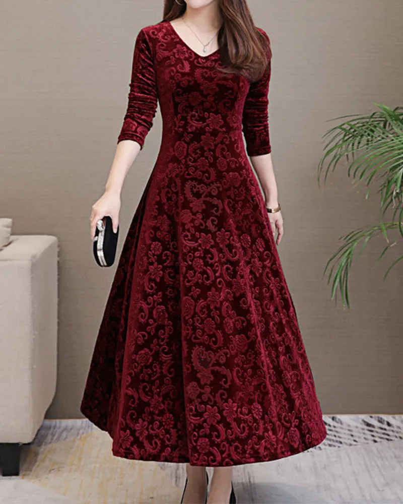 Women's Midi Dress - Velvet Jacquard - A-Line Fit - V-Neck - Three-Quarter Sleeve Elegant Wear