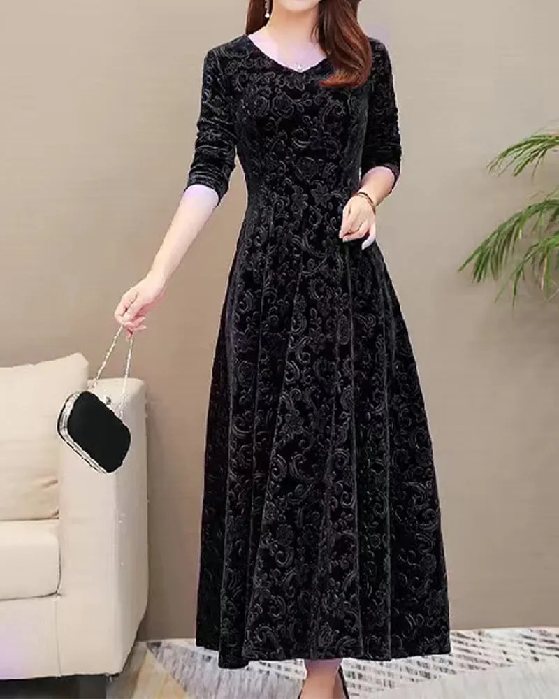 Women's Midi Dress - Velvet Jacquard - A-Line Fit - V-Neck - Three-Quarter Sleeve Elegant Wear