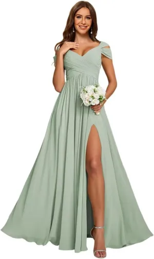 Women's Off Shoulder Ruched Bridesmaid Dresses Long with Pockets Slit Chiffon Formal Evening Dress VS180