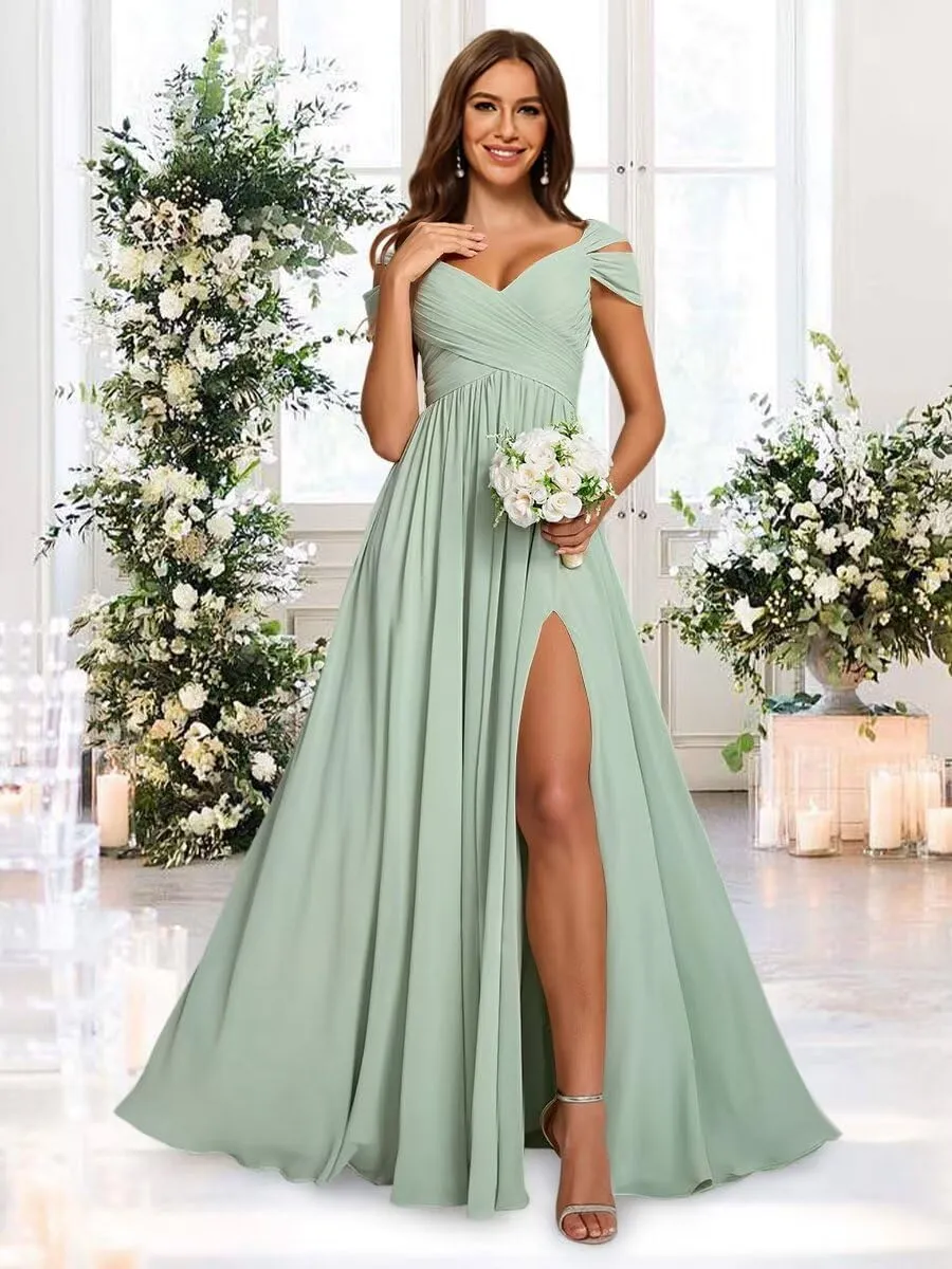 Women's Off Shoulder Ruched Bridesmaid Dresses Long with Pockets Slit Chiffon Formal Evening Dress VS180
