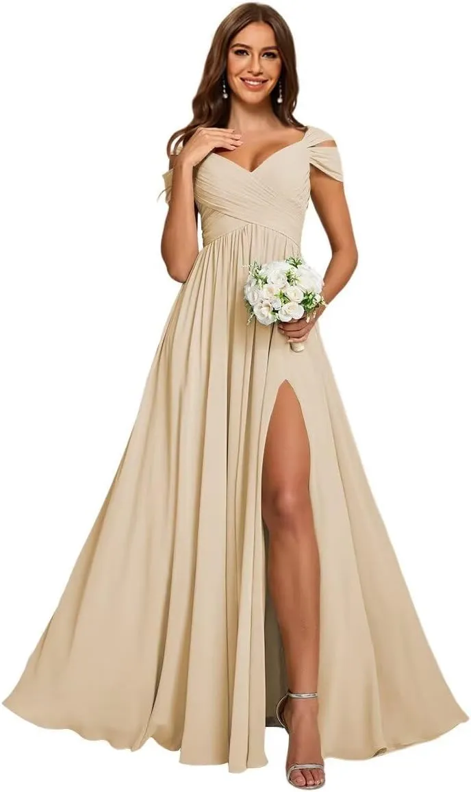 Women's Off Shoulder Ruched Bridesmaid Dresses Long with Pockets Slit Chiffon Formal Evening Dress VS180