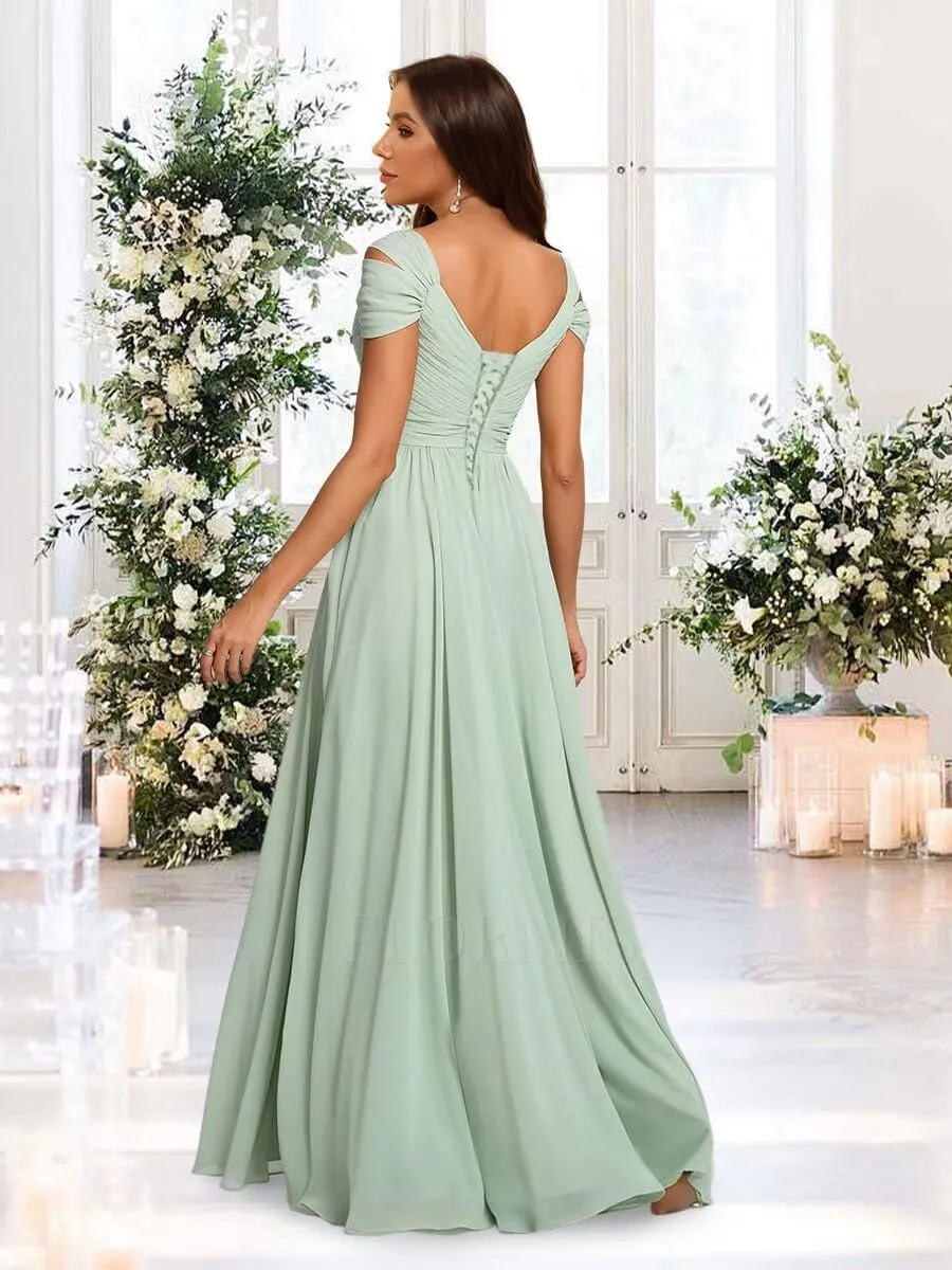 Women's Off Shoulder Ruched Bridesmaid Dresses Long with Pockets Slit Chiffon Formal Evening Dress VS180