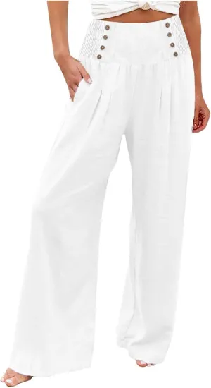 Womens Palazzo Pants Dressy Casual 2024 High Waisted Wide Leg Paperbag Lounge Pants Button Decor Flowy Beach Trousers