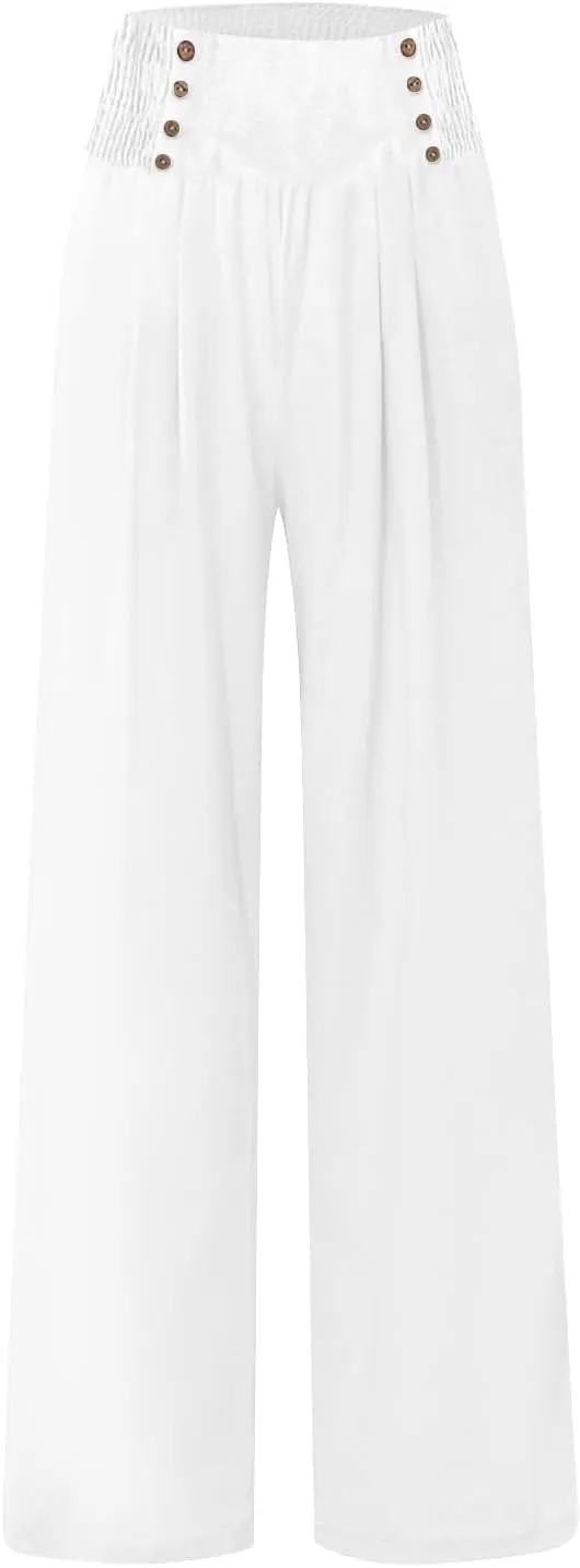 Womens Palazzo Pants Dressy Casual 2024 High Waisted Wide Leg Paperbag Lounge Pants Button Decor Flowy Beach Trousers