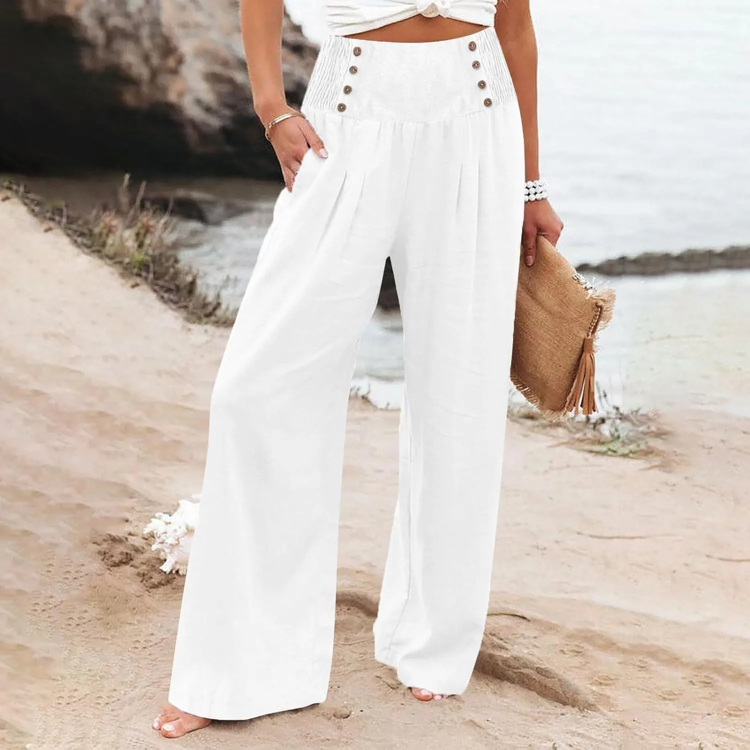 Womens Palazzo Pants Dressy Casual 2024 High Waisted Wide Leg Paperbag Lounge Pants Button Decor Flowy Beach Trousers