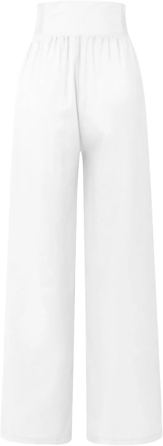 Womens Palazzo Pants Dressy Casual 2024 High Waisted Wide Leg Paperbag Lounge Pants Button Decor Flowy Beach Trousers