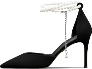 Women's Pearl Ankle Strap High Heels Closed Toe Stiletto D'orsay Pumps Wedding Party Evening Dress Shoes