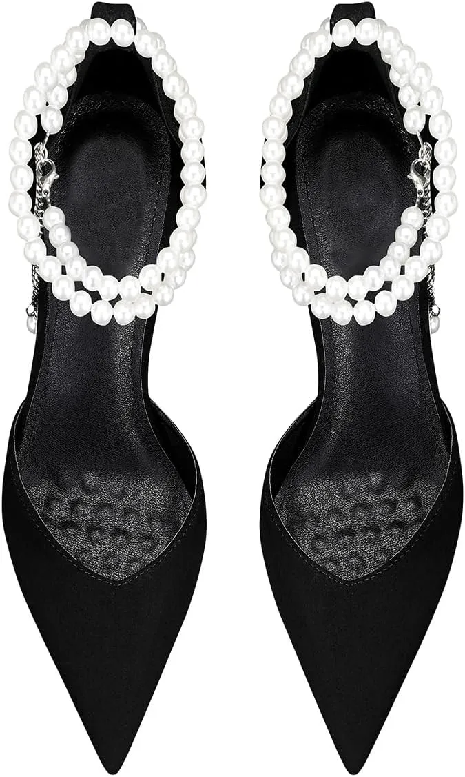 Women's Pearl Ankle Strap High Heels Closed Toe Stiletto D'orsay Pumps Wedding Party Evening Dress Shoes