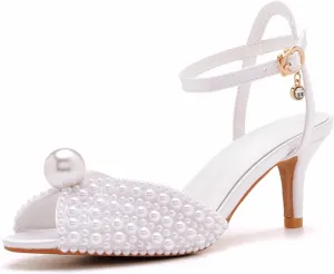 Women's Pearl Fish Mouth Ankle Strap Kitten Heel Sandals with Pendant Fashion Round Open Toe Dress Heels Wedding Shoes for Party Bride Evening