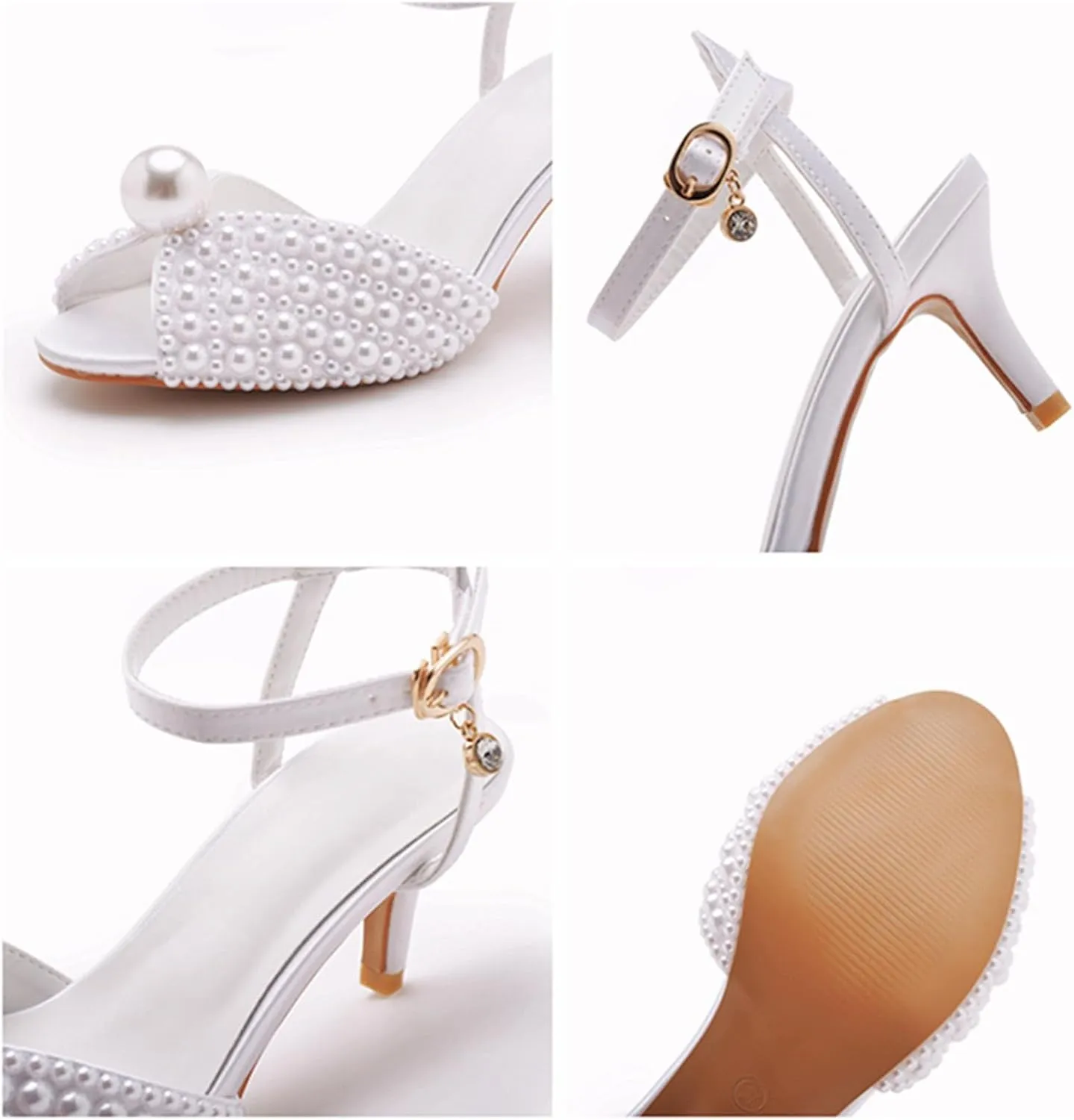 Women's Pearl Fish Mouth Ankle Strap Kitten Heel Sandals with Pendant Fashion Round Open Toe Dress Heels Wedding Shoes for Party Bride Evening
