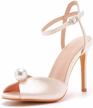 Womens Pearls Wedding Sandals Open Toe Stiletto 4" Heeled Sandals Bridal Pearl High Heels for Evening Party
