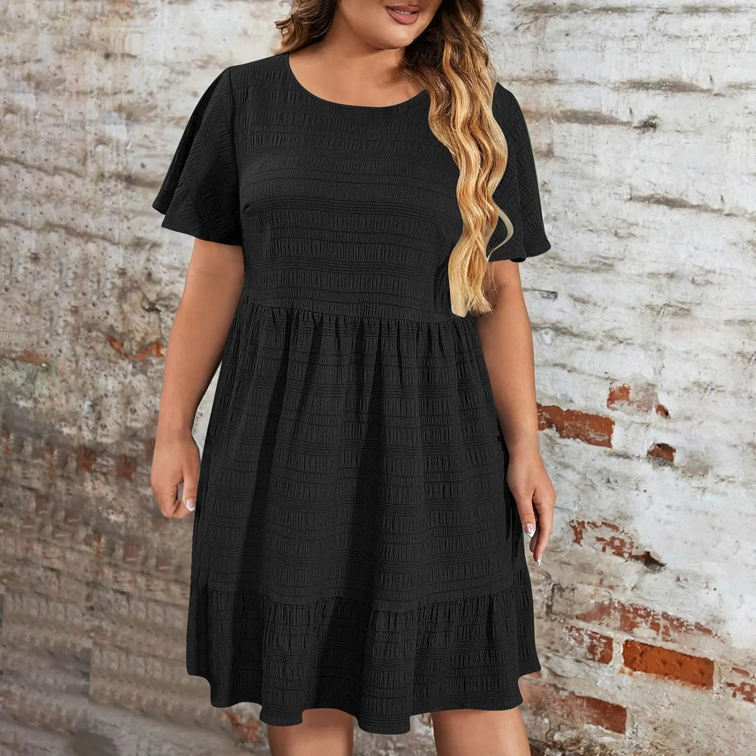 Womens Plus Size Mini Dress Pleated Patchwork Dresses Short Sleeve Crewneck Sundress Beach Wedding Guest Clothes 2025