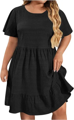 Womens Plus Size Mini Dress Pleated Patchwork Dresses Short Sleeve Crewneck Sundress Beach Wedding Guest Clothes 2025