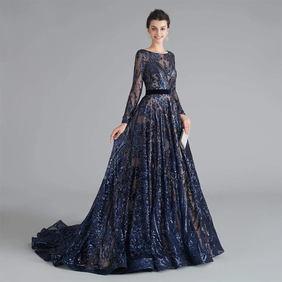 Women's Sequin Long Sleeves Formal Evening Dress Luxurious Chapel Train Prom Party Gowns