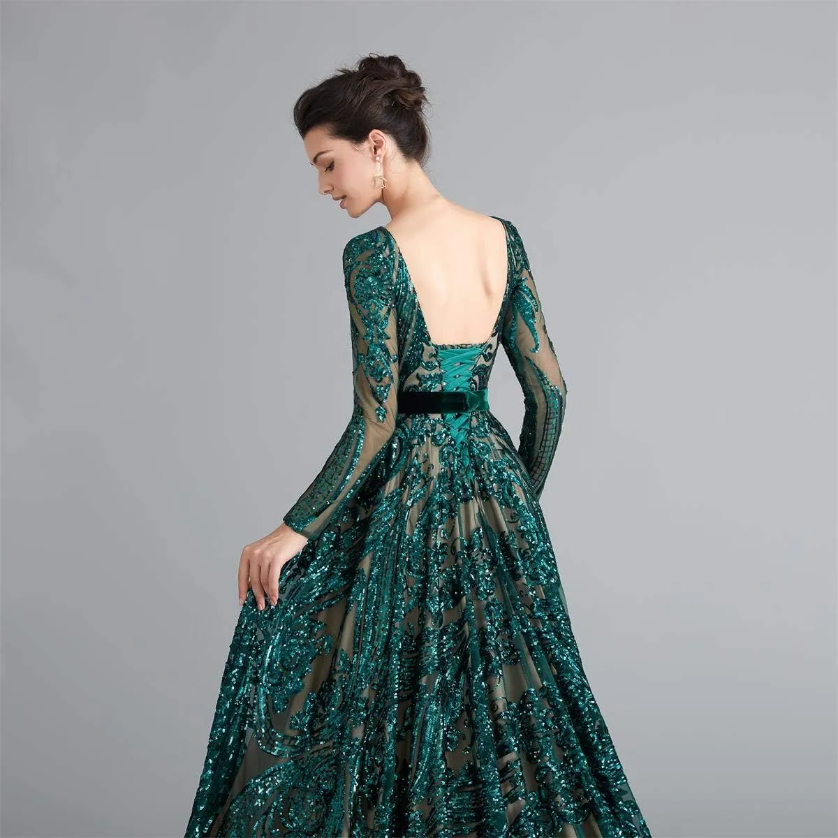 Women's Sequin Long Sleeves Formal Evening Dress Luxurious Chapel Train Prom Party Gowns