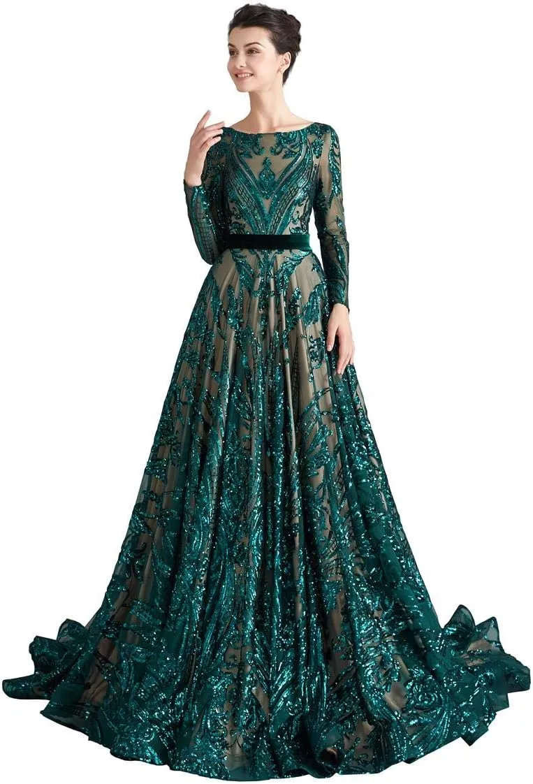 Women's Sequin Long Sleeves Formal Evening Dress Luxurious Chapel Train Prom Party Gowns