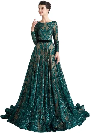 Women's Sequin Long Sleeves Formal Evening Dress Luxurious Chapel Train Prom Party Gowns