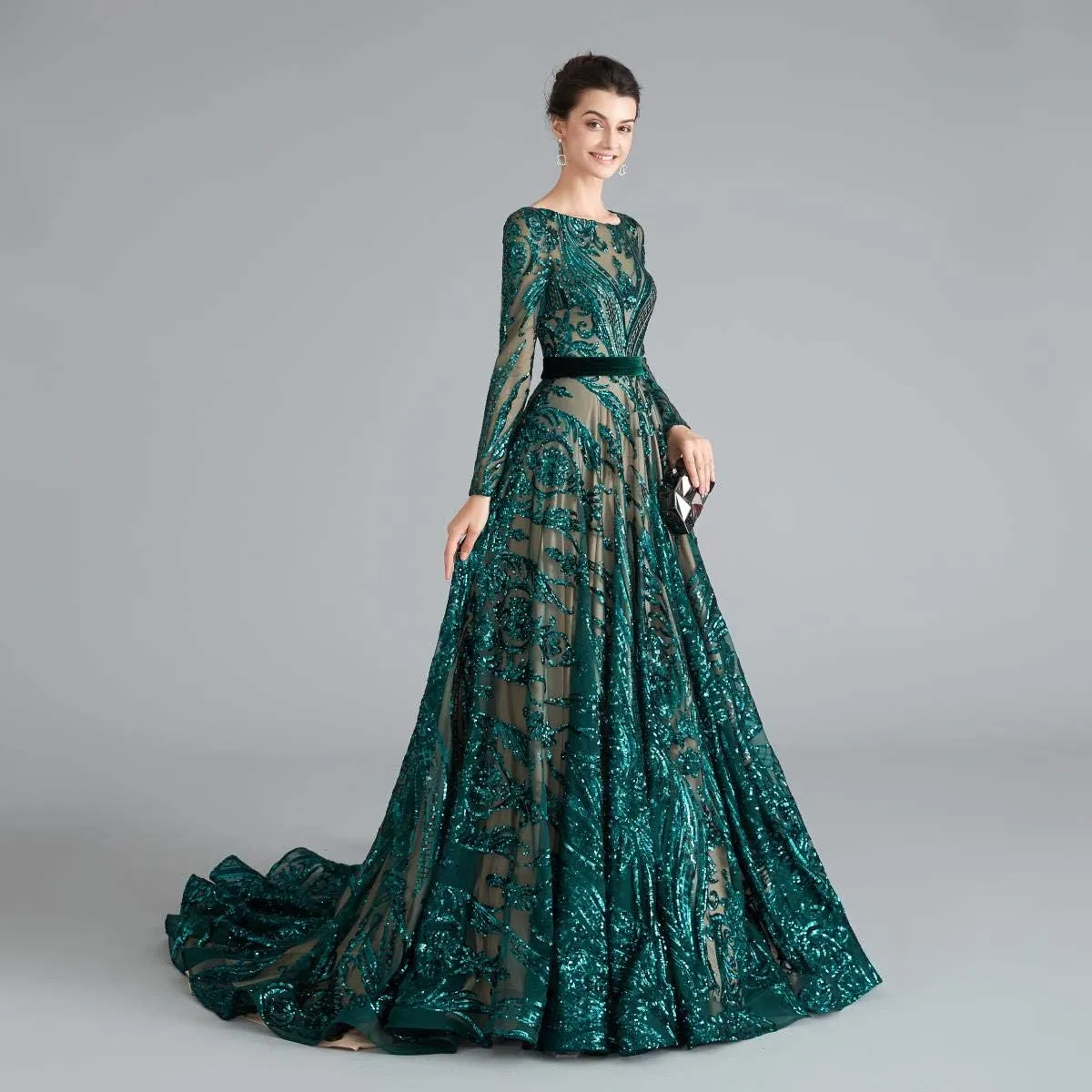 Women's Sequin Long Sleeves Formal Evening Dress Luxurious Chapel Train Prom Party Gowns