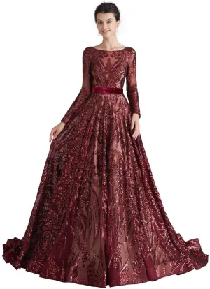 Women's Sequin Long Sleeves Formal Evening Dress Luxurious Chapel Train Prom Party Gowns