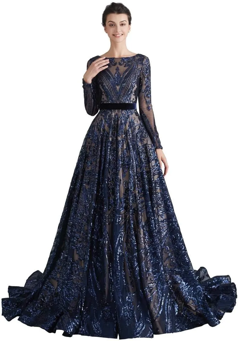 Women's Sequin Long Sleeves Formal Evening Dress Luxurious Chapel Train Prom Party Gowns