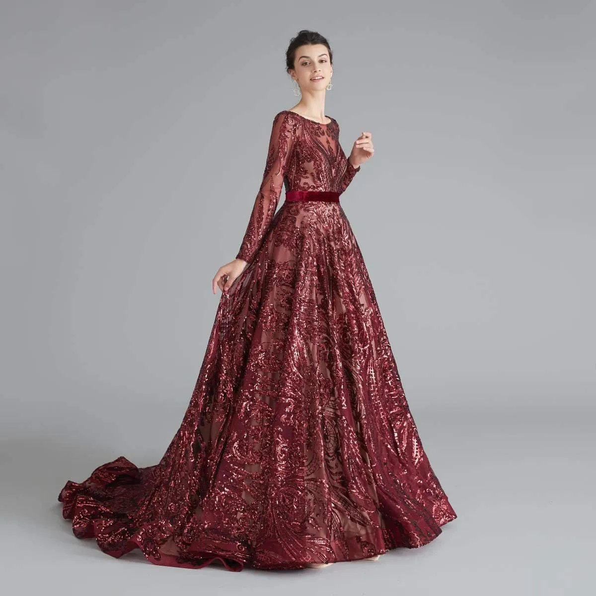 Women's Sequin Long Sleeves Formal Evening Dress Luxurious Chapel Train Prom Party Gowns