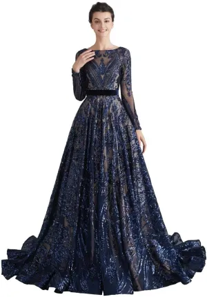 Women's Sequin Long Sleeves Formal Evening Dress Luxurious Chapel Train Prom Party Gowns