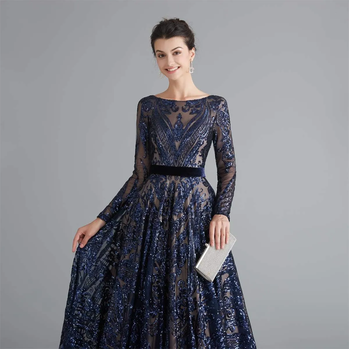 Women's Sequin Long Sleeves Formal Evening Dress Luxurious Chapel Train Prom Party Gowns