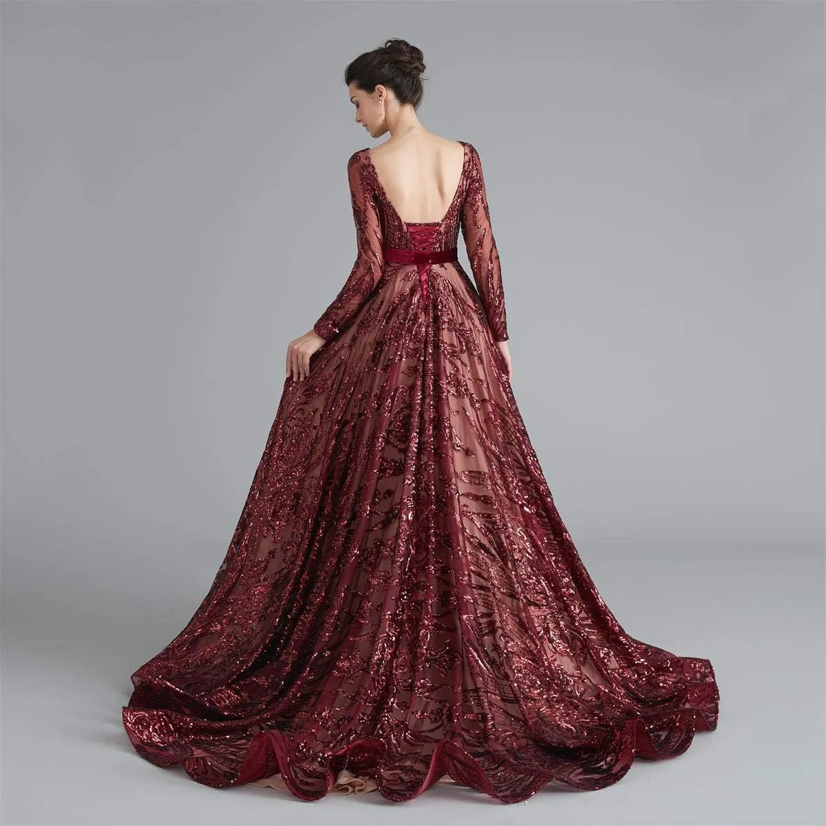 Women's Sequin Long Sleeves Formal Evening Dress Luxurious Chapel Train Prom Party Gowns