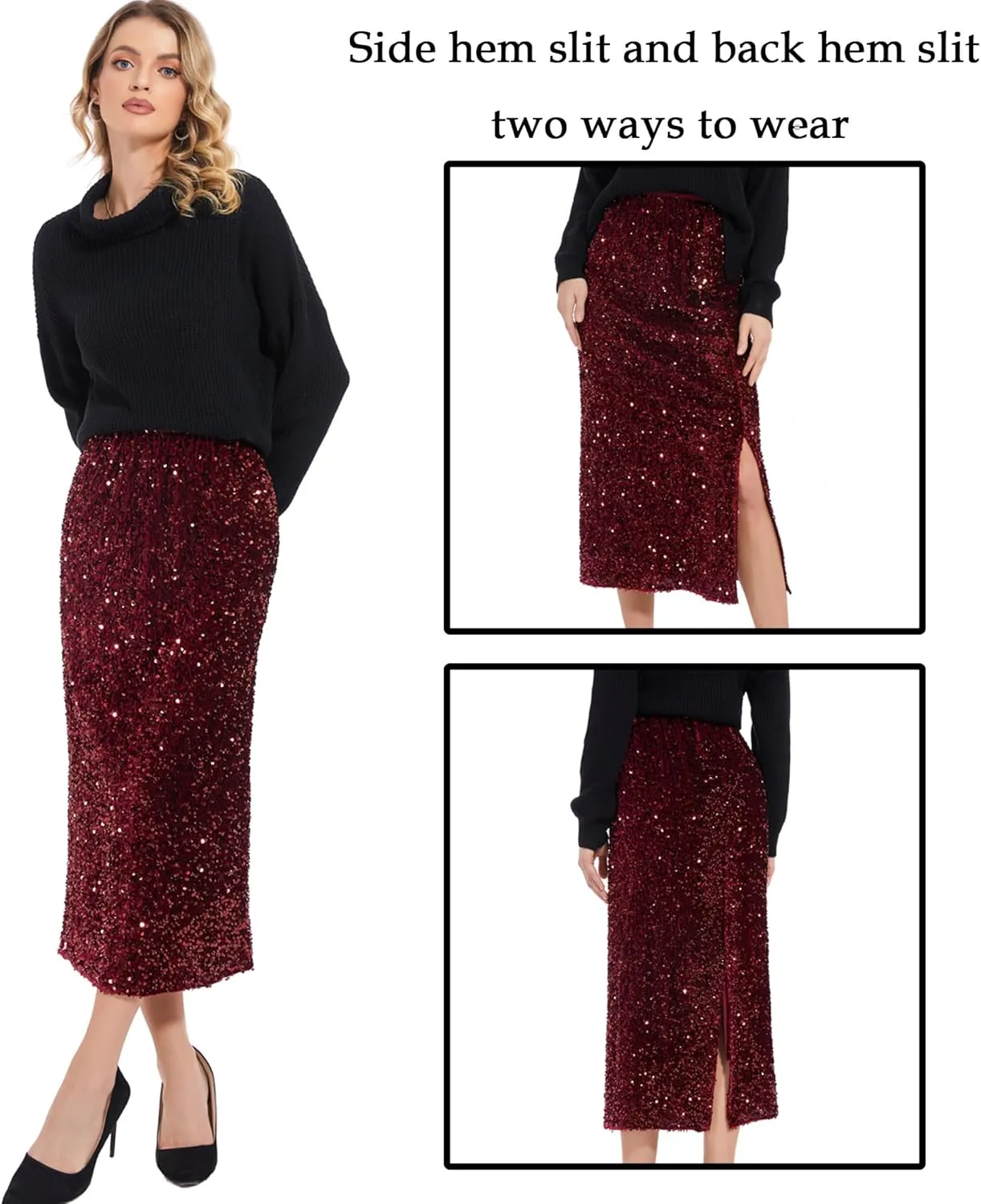 Women’s Sequin Velvet Skirt Elastic High Waist Sparkle Split Hem Night Out Party Maxi Skirt