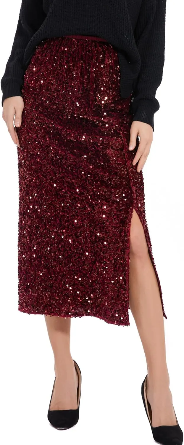 Women’s Sequin Velvet Skirt Elastic High Waist Sparkle Split Hem Night Out Party Maxi Skirt