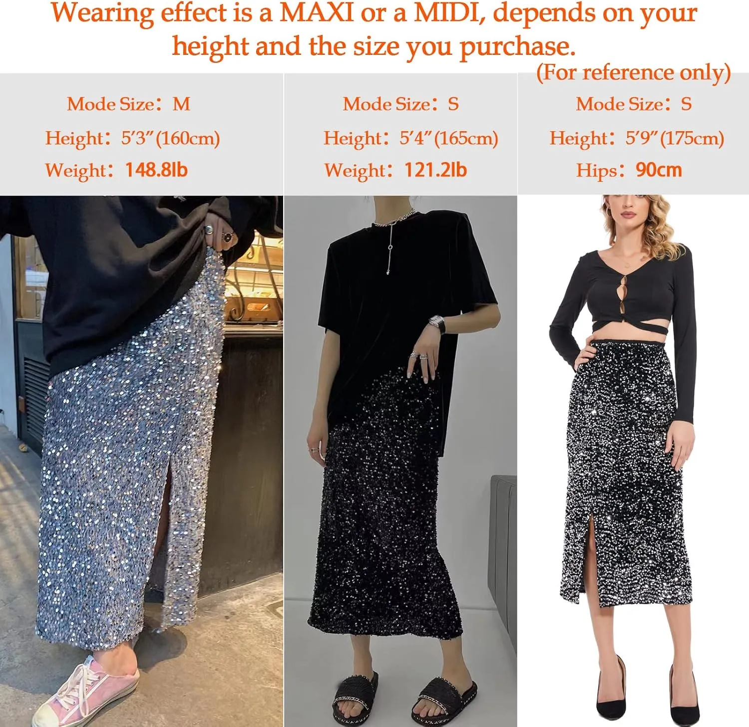 Women’s Sequin Velvet Skirt Elastic High Waist Sparkle Split Hem Night Out Party Maxi Skirt
