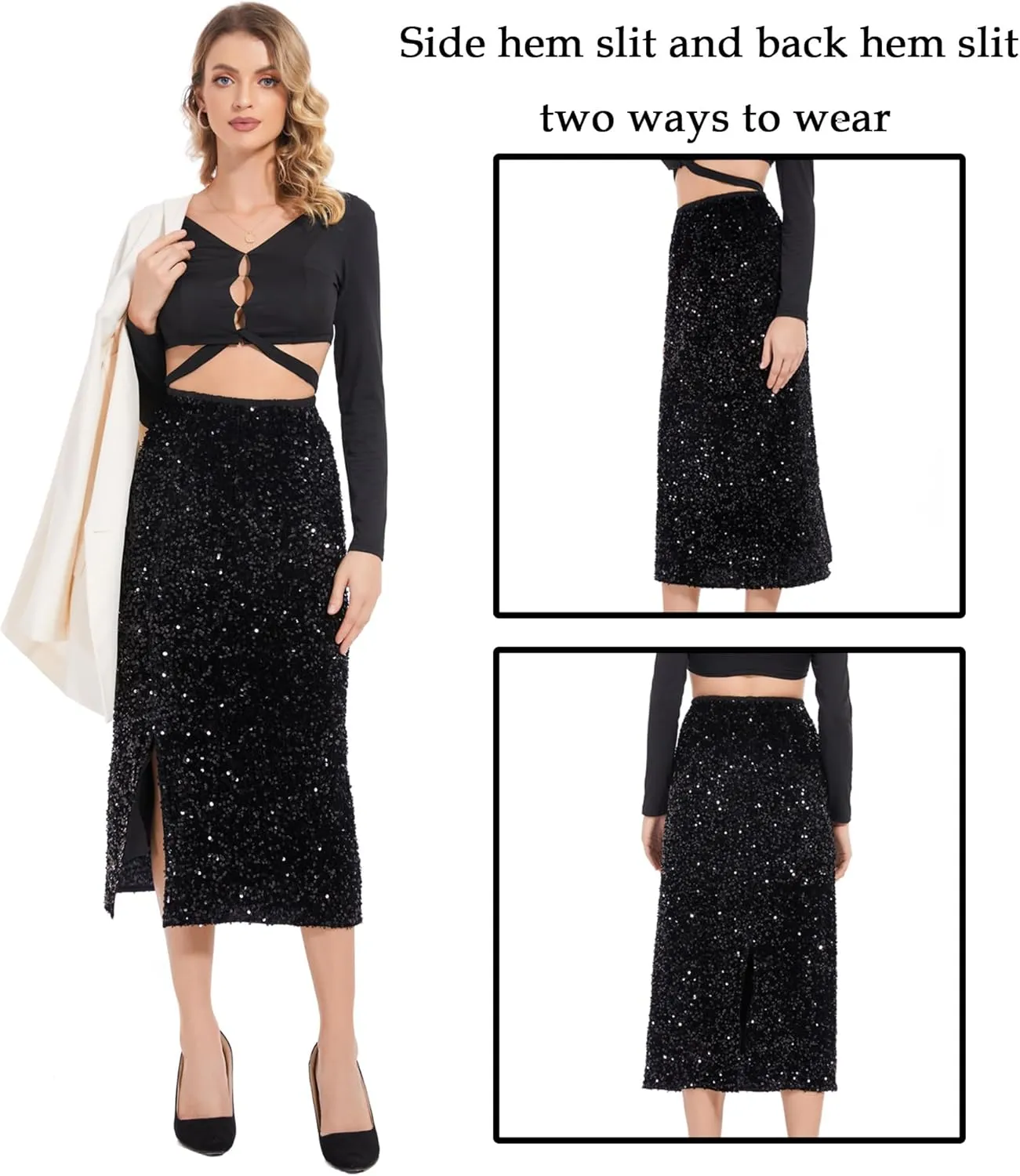 Women’s Sequin Velvet Skirt Elastic High Waist Sparkle Split Hem Night Out Party Maxi Skirt