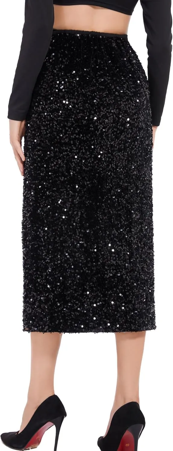 Women’s Sequin Velvet Skirt Elastic High Waist Sparkle Split Hem Night Out Party Maxi Skirt