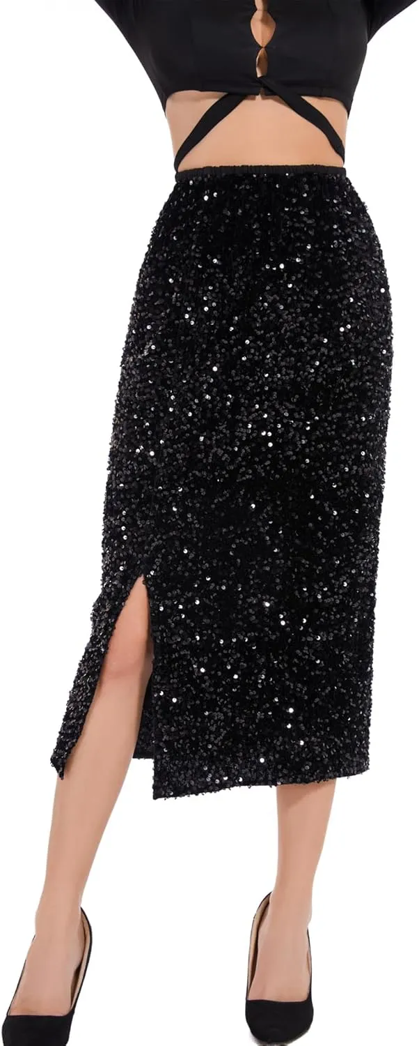 Women’s Sequin Velvet Skirt Elastic High Waist Sparkle Split Hem Night Out Party Maxi Skirt
