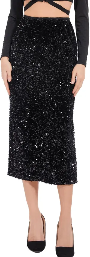 Women’s Sequin Velvet Skirt Elastic High Waist Sparkle Split Hem Night Out Party Maxi Skirt