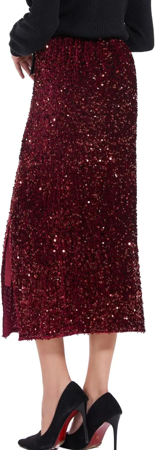 Women’s Sequin Velvet Skirt Elastic High Waist Sparkle Split Hem Night Out Party Maxi Skirt