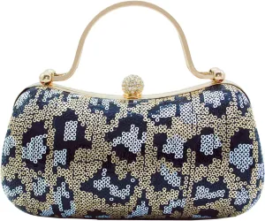 Womens Sequined Leopard Print Evening Clutch Purse, Crystal Clasp, Gold Chain Strap