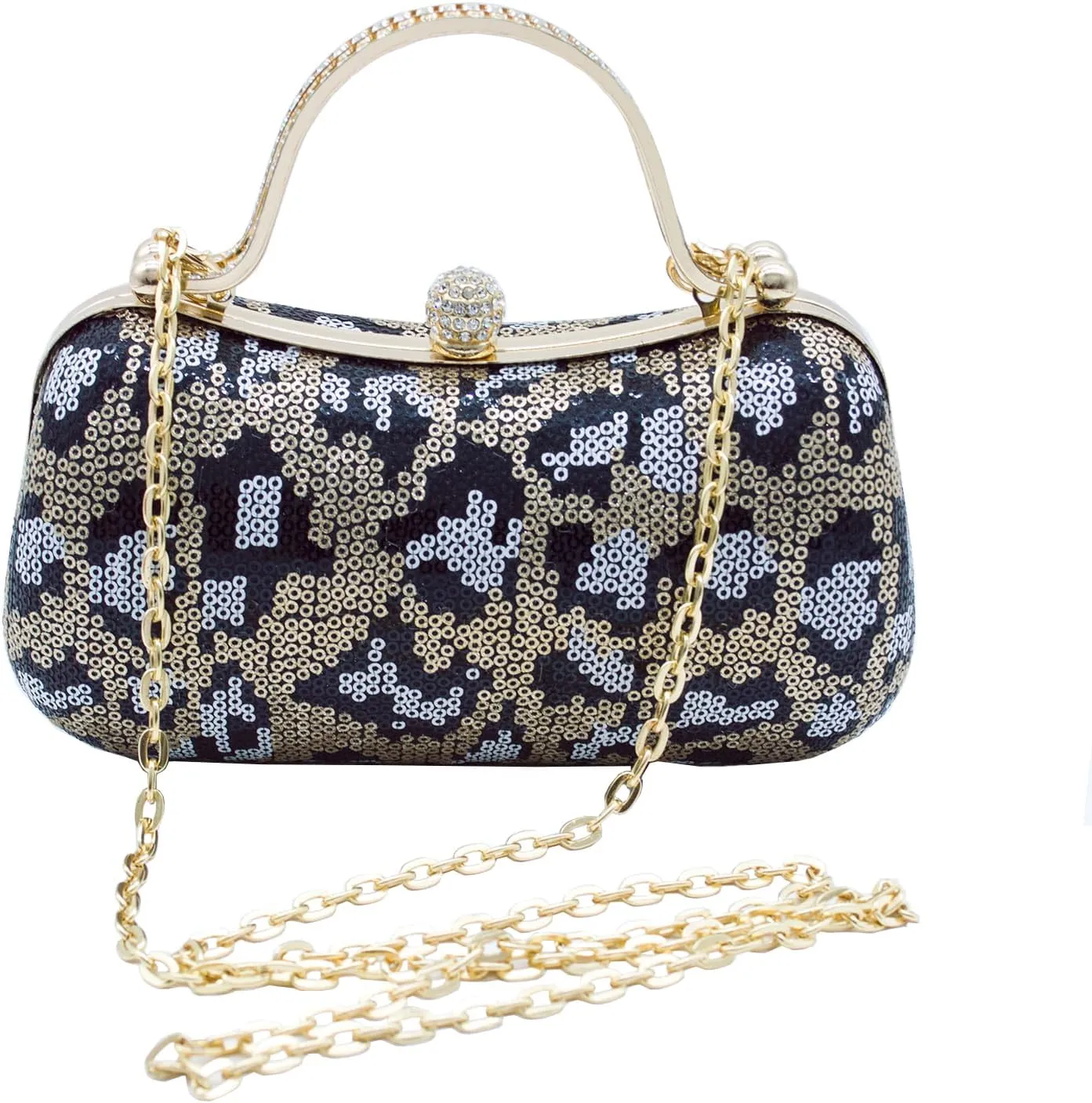 Womens Sequined Leopard Print Evening Clutch Purse, Crystal Clasp, Gold Chain Strap