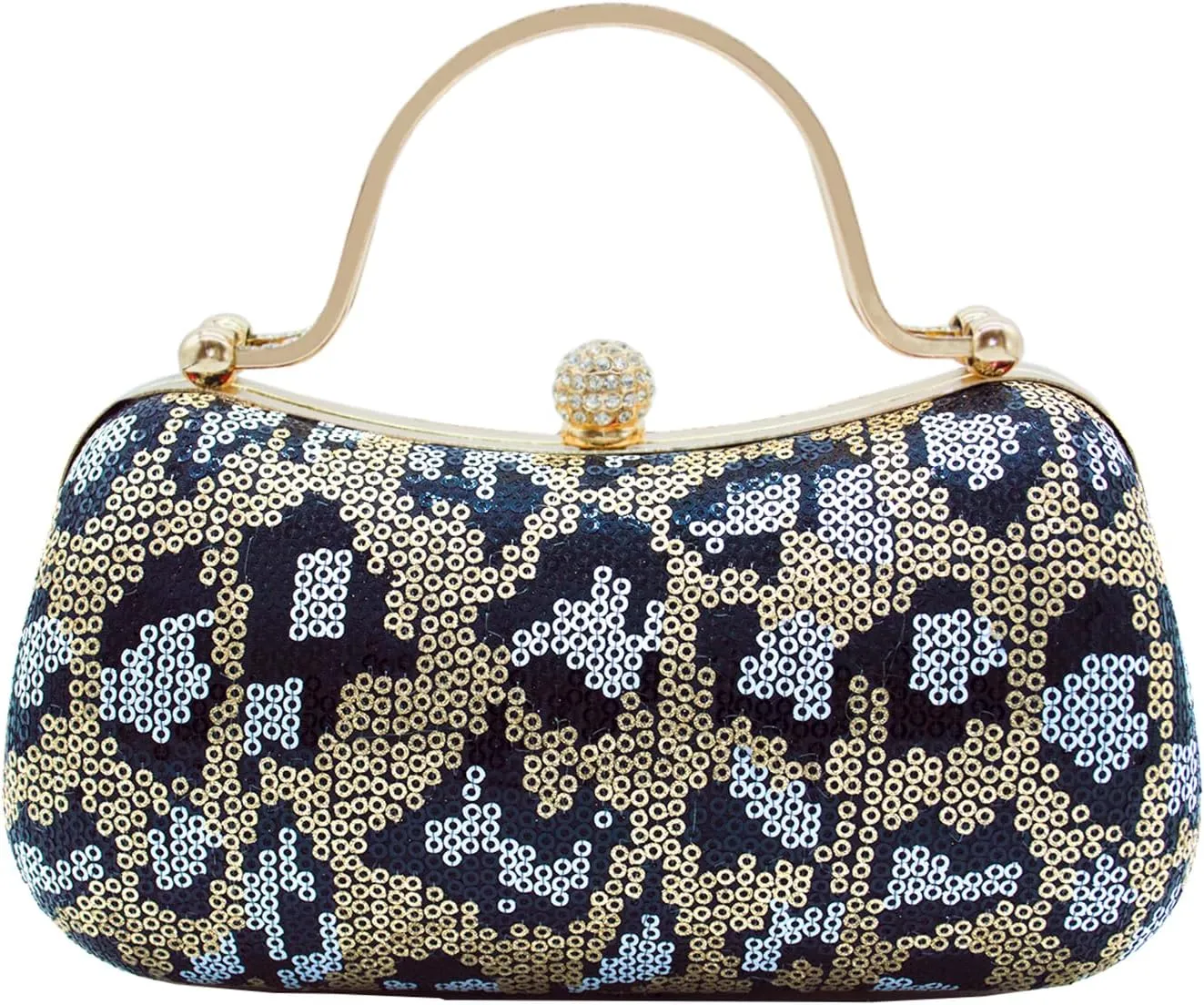 Womens Sequined Leopard Print Evening Clutch Purse, Crystal Clasp, Gold Chain Strap