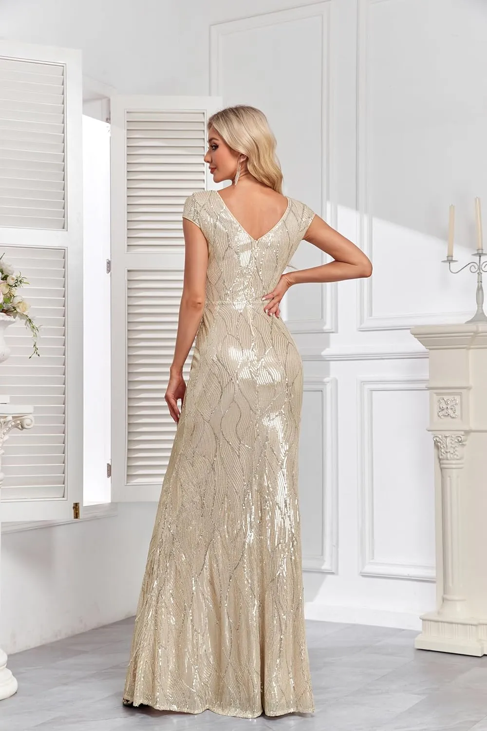 Womens Sequined Short Sleeves Long Formal Dress with V-Neck for Evening Event Nightout Club Gown Silver Paillette