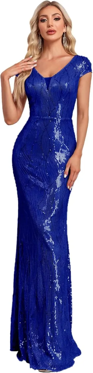 Womens Sequined Short Sleeves Long Formal Dress with V-Neck for Evening Event Nightout Club Gown Silver Paillette