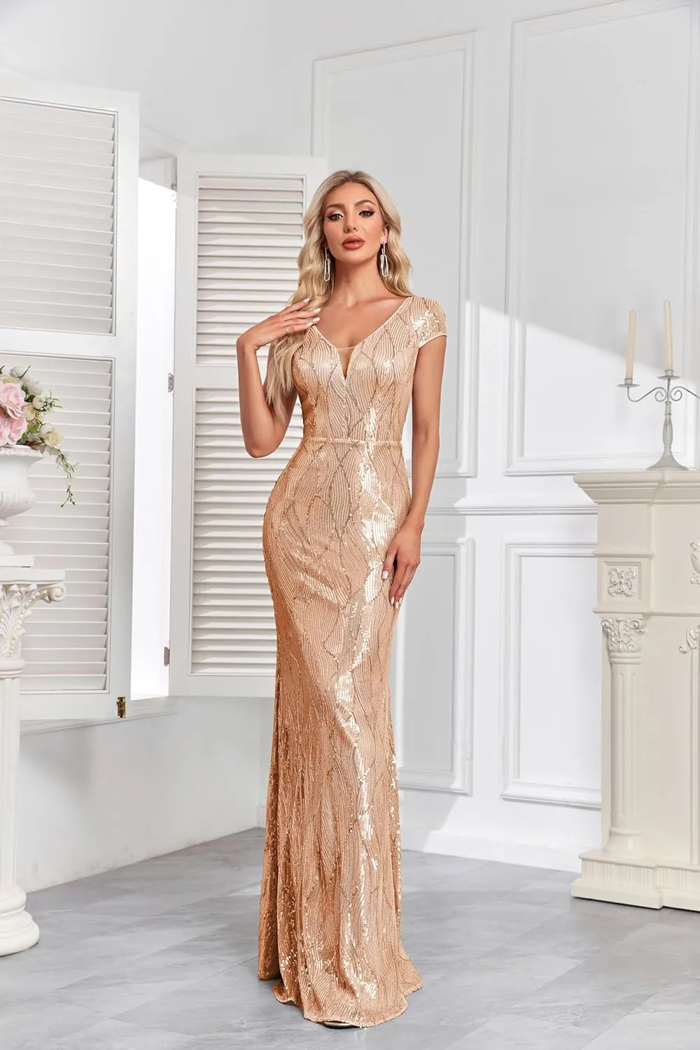 Womens Sequined Short Sleeves Long Formal Dress with V-Neck for Evening Event Nightout Club Gown Silver Paillette