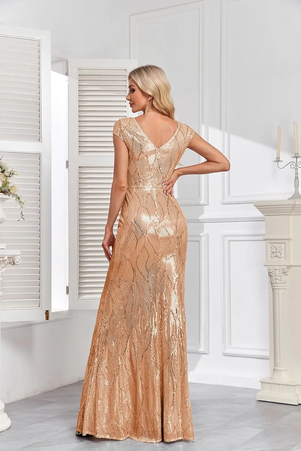 Womens Sequined Short Sleeves Long Formal Dress with V-Neck for Evening Event Nightout Club Gown Silver Paillette