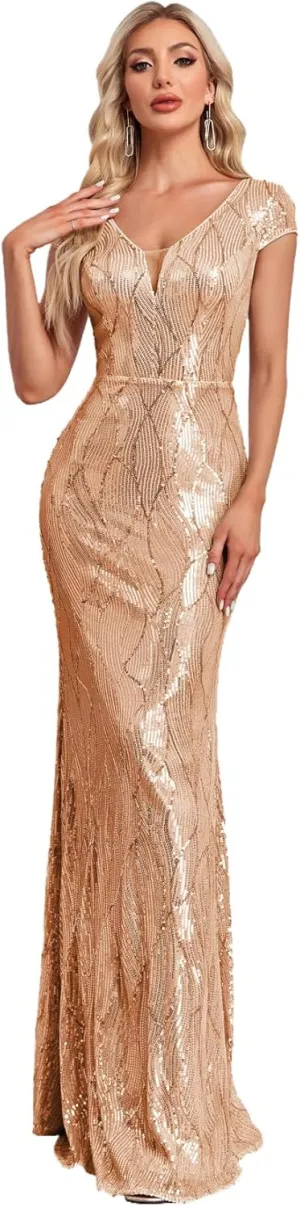 Womens Sequined Short Sleeves Long Formal Dress with V-Neck for Evening Event Nightout Club Gown Silver Paillette