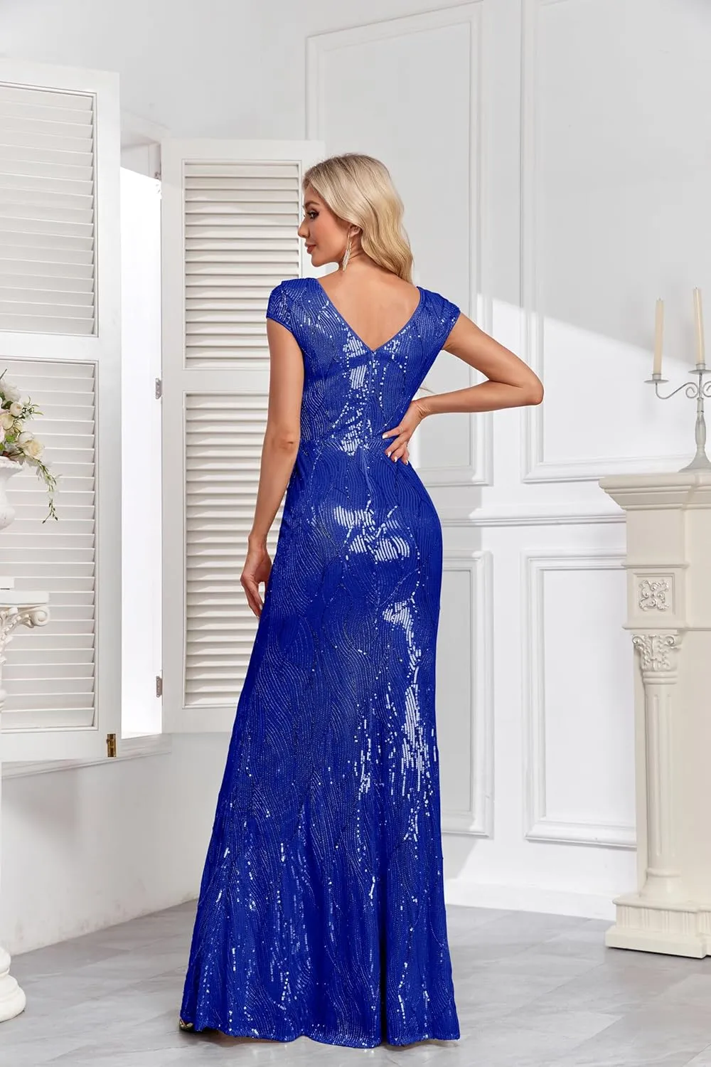 Womens Sequined Short Sleeves Long Formal Dress with V-Neck for Evening Event Nightout Club Gown Silver Paillette