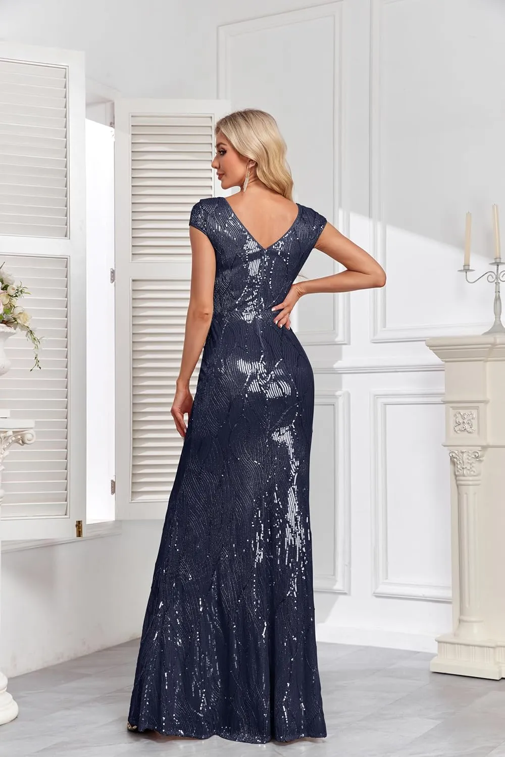 Womens Sequined Short Sleeves Long Formal Dress with V-Neck for Evening Event Nightout Club Gown Silver Paillette