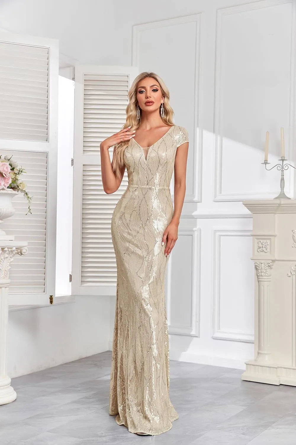 Womens Sequined Short Sleeves Long Formal Dress with V-Neck for Evening Event Nightout Club Gown Silver Paillette