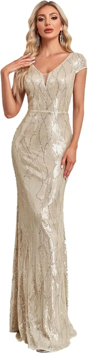 Womens Sequined Short Sleeves Long Formal Dress with V-Neck for Evening Event Nightout Club Gown Silver Paillette