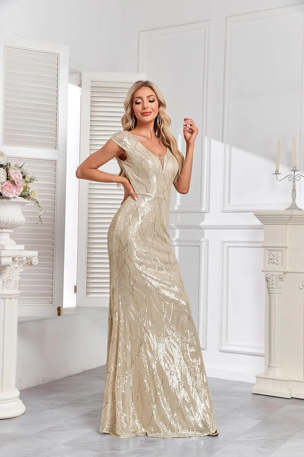 Womens Sequined Short Sleeves Long Formal Dress with V-Neck for Evening Event Nightout Club Gown Silver Paillette